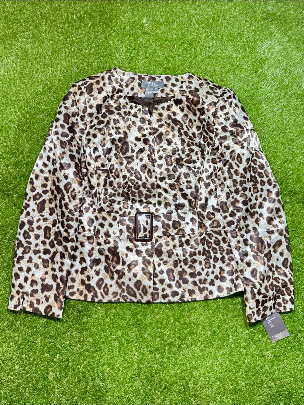 NWT Leopard Print Belted Blazer Jacket Takka Size 16 White Brown Tan